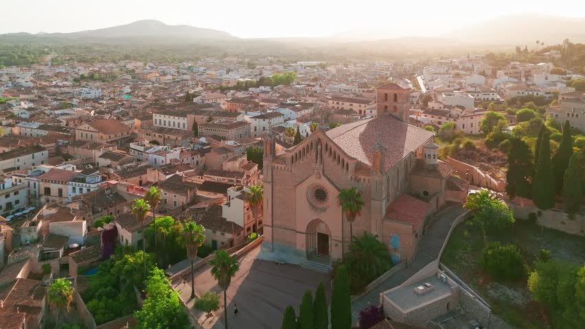 Aerial view of the picturesque town of Arta in Mallorca at sunrise, Balearic Islands, Spain. The Parroquia d