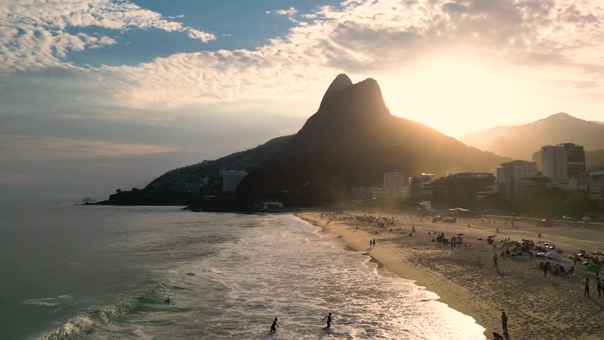 Leblon Beach Full of People Aerial View in Rio de Janeiro, Brazil