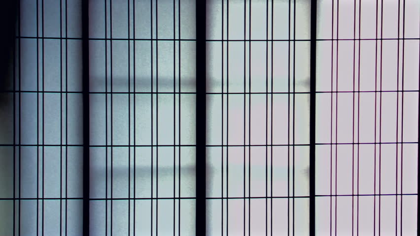 Vertical shoji paper sliding doors with wooden grid frames in traditional Japanese interior, soft diffused light filtering through paper panels creating calm ambiance