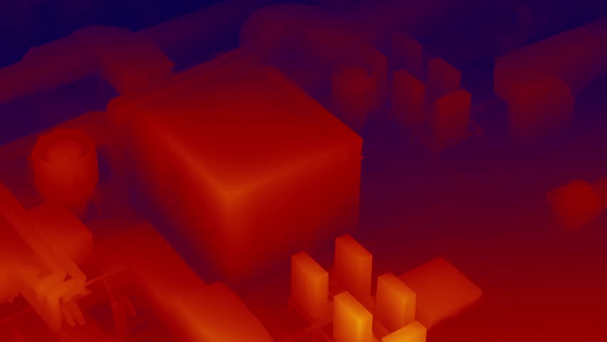 Thermal image of HVAC system captured from above, highlighting heat distribution and airflow through mechanical pipes and ducts.