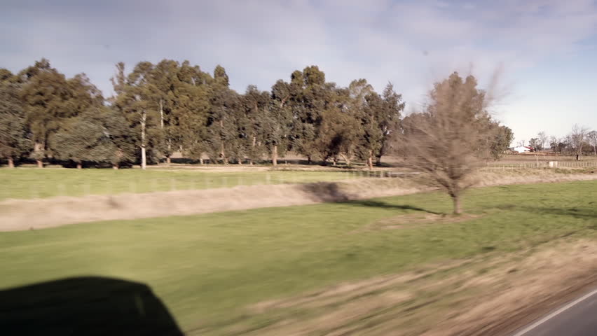 Moving Bus Casting Shadow on Road in Argentinian Countryside 