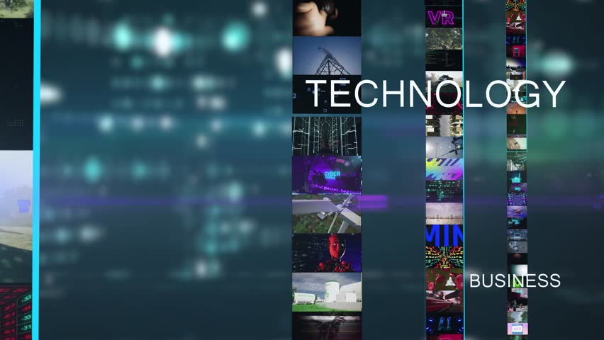 Modern animation with technology videos and phrases like business, marketing, company. Digital animated montage
