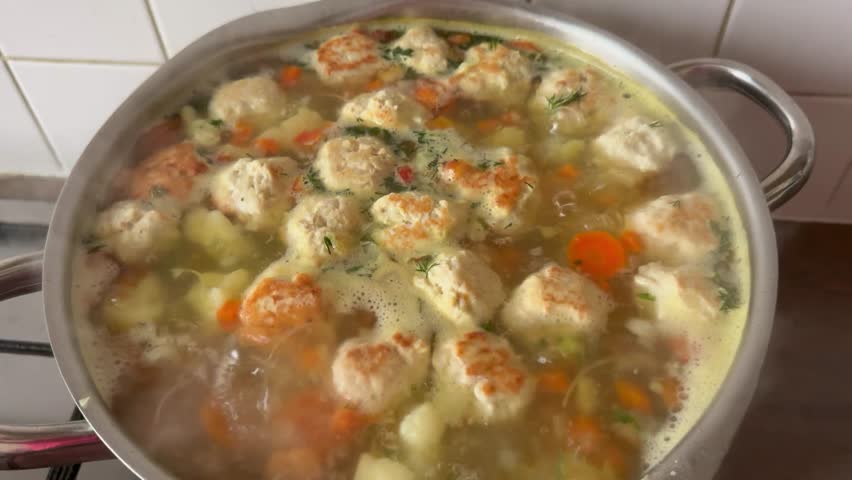  A hot soup with juicy meatballs, potatoes, carrots, and greens, cooked with love. The perfect dish for a cozy lunch.