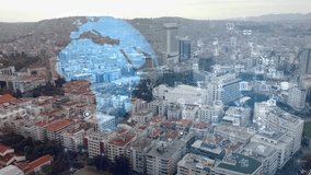 An aerial view of a city overlaid with a global network showcasing smart city technology and urban development. - Powered by Shutterstock - Get 15% off with code: PIKWIZARD15