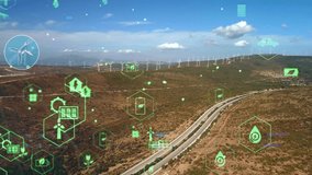 Aerial shot showcasing wind turbines and smart grid technology integrated into a rural landscape. Represents sustainable energy solutions and technological progress. - Powered by Shutterstock - Get 15% off with code: PIKWIZARD15