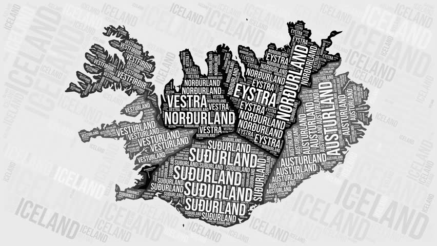 Iceland animation. Visual effect of Iceland regions appearing in black and white word clouds style. Country intro video. Stylish animated motion graphics.