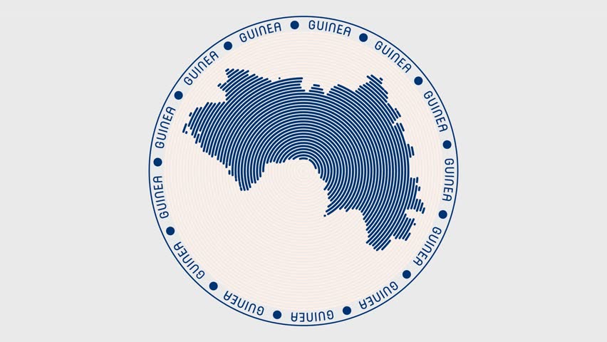 Guinea shape with dynamic circles visual effect. Animation of Guinea logo appearing from rotating rings and Country name around the shape. Intro, opening, closing, logo video.