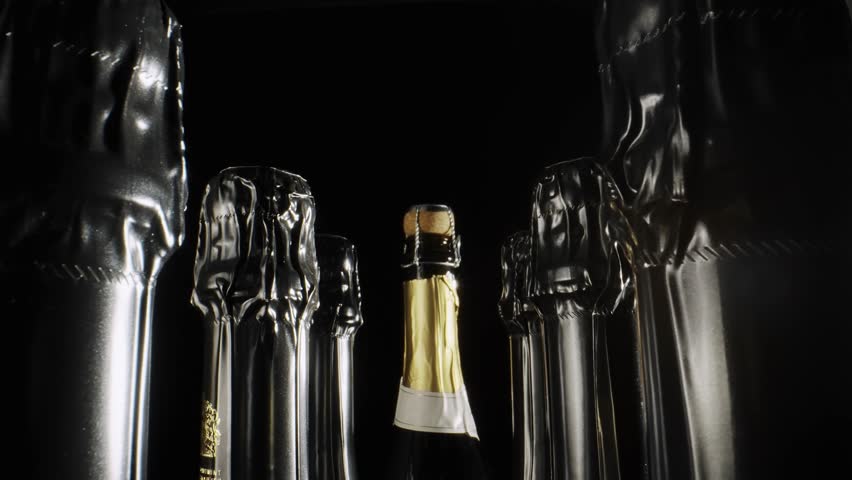 A bottle of champagne is surrounded by other bottles
