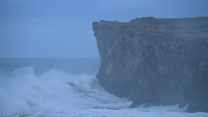 Powerful Storm Wild Waves on the Cantabrian Sea, Asturias Coast, Spain