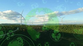 Alternative Energy. Wind farm. Aerial view of horizontal-axis wind turbines generating electricity Wind energy. Clean renewable energy technologies. Wind power plants. Animated visualization concept. - Powered by Shutterstock - Get 15% off with code: PIKWIZARD15
