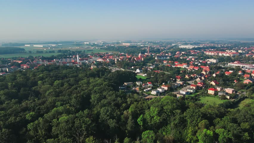 Aerial view of suburban residential neighborhood in small European town. Buildings near natural landscape in rural suburbia