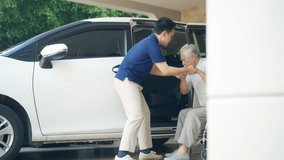 Male caregiver help senior man get in car go to medical hospital clinic for healthcare therapy treatment or doctor appointment. Elderly people transportation assistance service and health insurance. - Powered by Shutterstock - Get 15% off with code: PIKWIZARD15