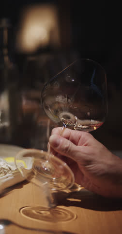 Champagne tasting, Wine glasses are on the table, stylish table setting, A man's hand holds a beautiful elegant glass with rose sparkling wine, an intimate light, a plate with oysters and lemon