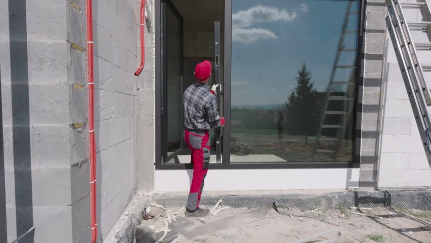 A construction worker is focused on installing a large window frame at a modern building site. Dressed in a checked shirt and bright red pants, he carefully adjusts a wooden level