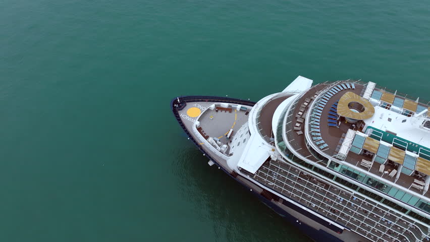 Aerial view luxury ocean cruise ship on clam blue sea, Elegant modern travel lifestyle, Luxury cruise ship liner modern maritime business ocean tourism, Global business cruise ship liner industry.