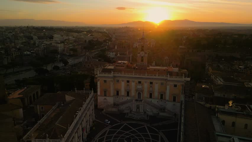 Drone Descends to Reveal Piazza del Campidoglio, Palazzo Senatorio