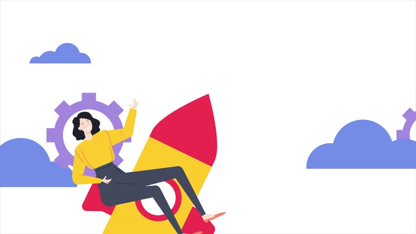 a woman starting new business with rocket illustration business animated video
