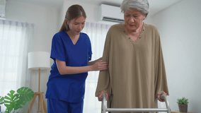 Asian senior older woman patient doing physical therapy with caregiver. Attractive specialist carer help and support elderly mature grandma practice walking slowly with walker at nursing home care. - Powered by Shutterstock - Get 15% off with code: PIKWIZARD15