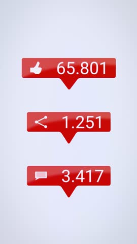 Vertical video animation of Like, Share and Comments button in red with increasing count of numbers on white background - social media reaction buttons.