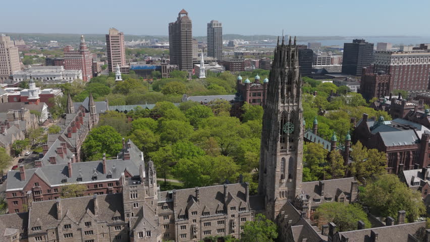 flying clockwise around old campus of Yale University in New Haven