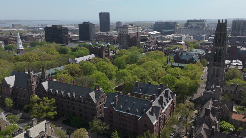 flying counter clockwise around old campus of Yale University in New Haven
