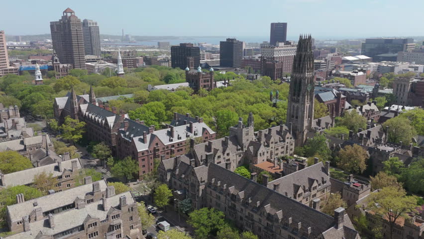 flying towards old campus of Yale University in New Haven