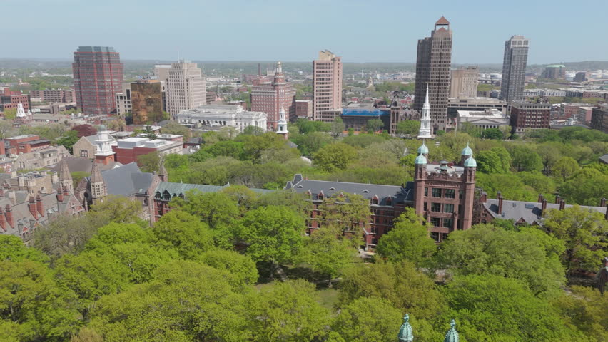 alt flying back reveal of old campus of Yale University in New Haven
