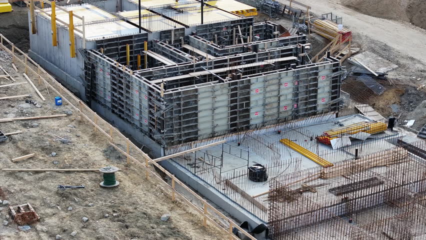 A detailed overview of the ongoing construction work for a new building foundation takes place in an urban setting. Workers manage various tasks involving heavy machinery and concrete 