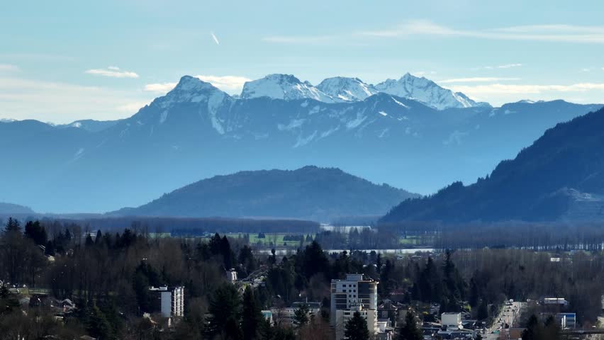 Mission, British Columbia, Canada - Mission Memorial Hospital Sits in the Heart of Town, Surrounded by Trees and Backed by Mountain Views - Aerial Drone Shot