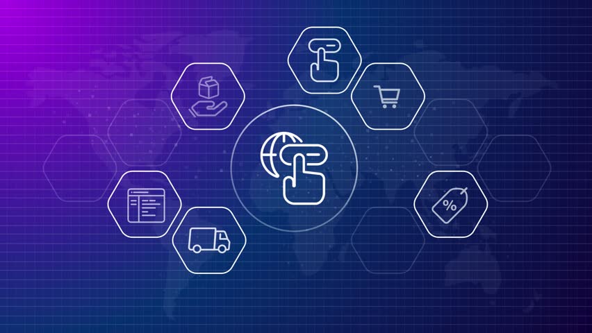 Online transaction ecommerce technology transaction optimization concept icon in blue futuristic animated background symbol of click to buy easy experience