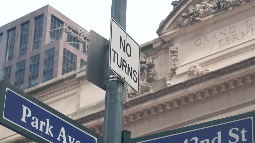 New York City Grand Central Terminal, 42 street, Park Avenue, Pershing Square architecture. Midtown district railroad hub, railway transport. NYC crossroad, East 42nd st corner, intersection road sign