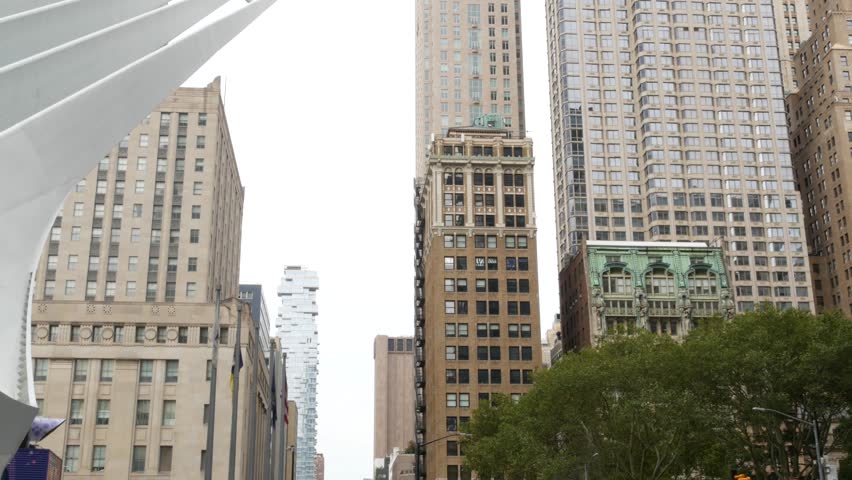 New York City Lower Manhattan, Downtown Financial District architecture, United States. High-rise skyscrapers, residential and office buildings, USA. American urban street, real estate, realty in NYC.