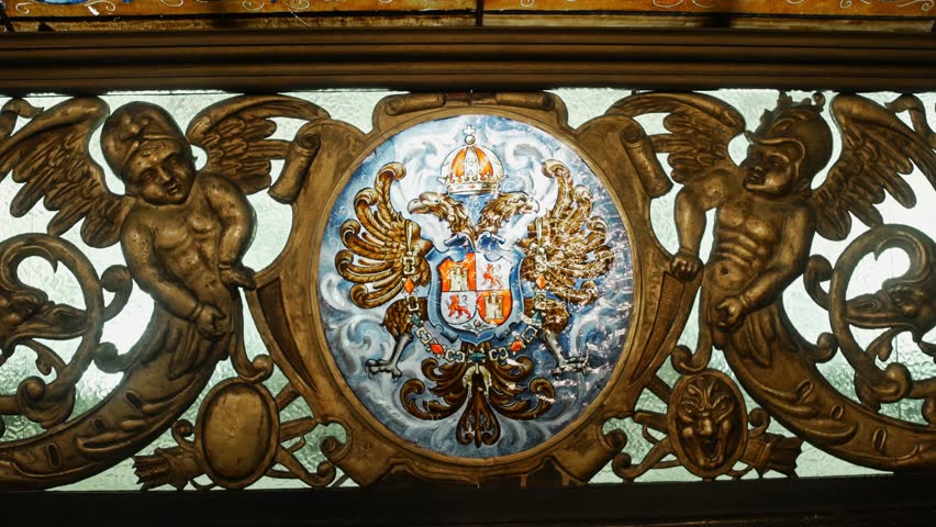 Close up of altar inside la almudena cathedral in madrid. Shield on metal fence