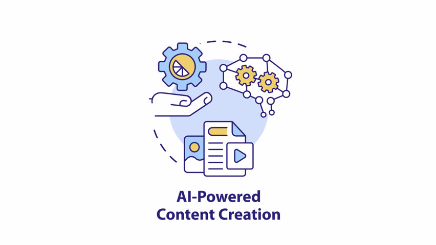 AI powered content creation concept icon animation. Digital technology generating art. Artificial intelligence tools. Abstract idea. HD video with alpha channel. Colorful linear circle animated