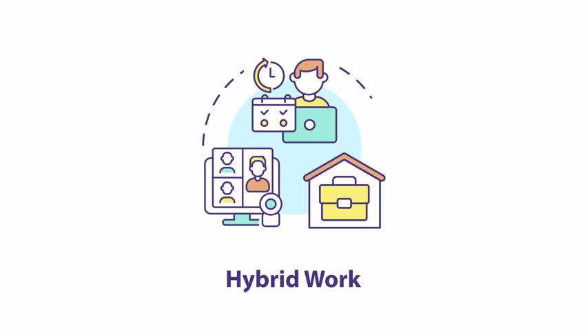 Hybrid work concept icon animation. Flexible employee schedule model. Blended workflow organization. Comfortable agenda. Abstract idea. HD video with alpha channel. Colorful linear circle animated