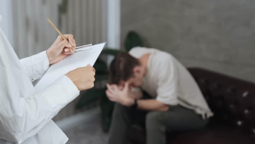 Vulnerable stressful young patient release emotion from traumatic event, anxiety or mental illness to psychiatrist during mental treatment therapy in office. Psychological consultation session. Adit