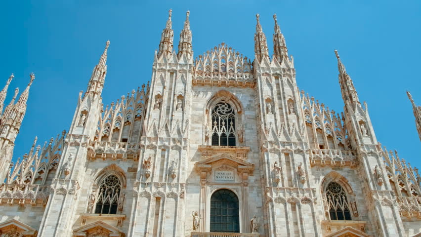 Duomo di Milano displays its elaborate Gothic facade adorned with pinnacles and spires, Milan, Lombardy, Italy
