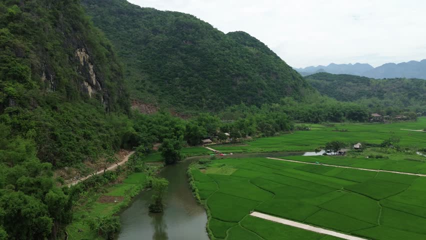 Video footage from flying camera of landscape of North-West mountainous region in Vietnam, typical view with rice paddy field