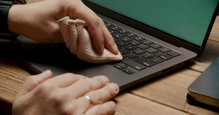 Person cleans a laptop keyboard with a microfiber cloth on a wooden desk. Green screen background. Focus on hands and cleaning action.