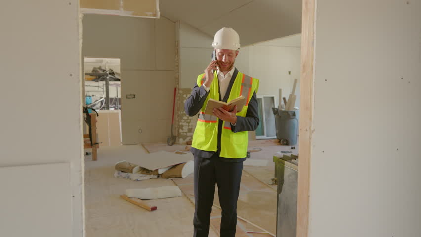 A dedicated construction manager in a safety vest and hard hat reviews notes on a phone call at a busy construction site, ensuring all components are coordinated for a successful outcome