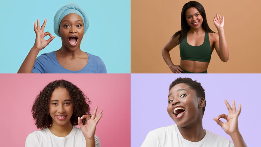 Set of four women express joy and positivity using the okay gesture. Each subject exhibits unique styles and backgrounds, celebrating diversity in lifestyle and expression.