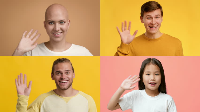 Collage of four individuals from diverse backgrounds greet the viewer with warm smiles and hand waves. The bright backgrounds enhance the cheerful greeting, showcasing a joyful moment of connection.