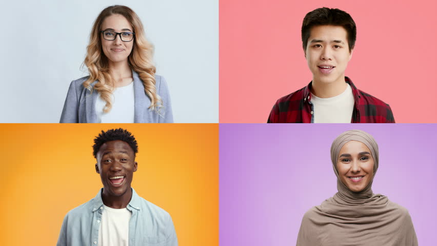 A friendly collection of diverse individuals, each waving hello against vibrant backgrounds. The participants spreading positivity together.