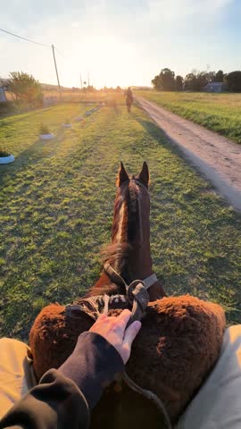 Horseback Riding POV At Sunset In The Countryside.
