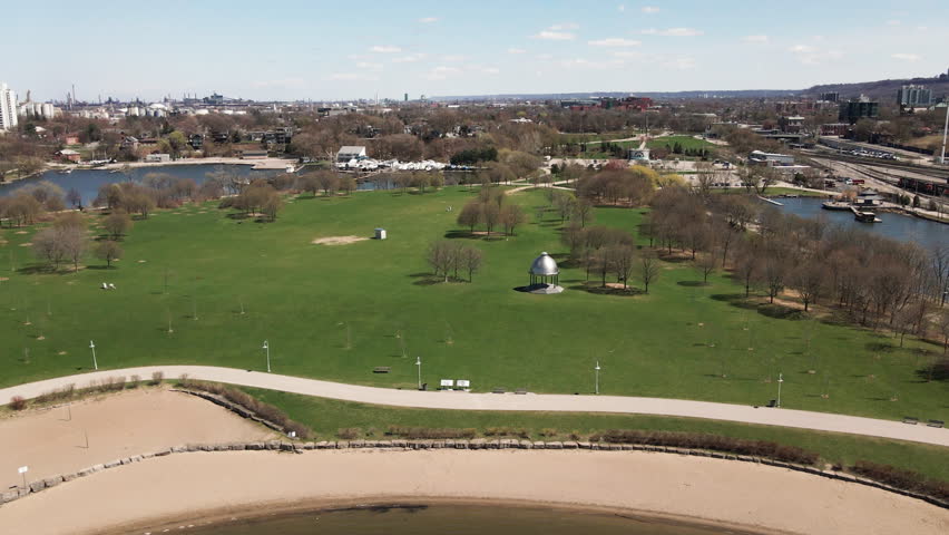 Aerial View Of Argyll and Sutherland Highlanders Memorial Pavilion At Bayfront Park In Hamilton, Ontario, Canada.