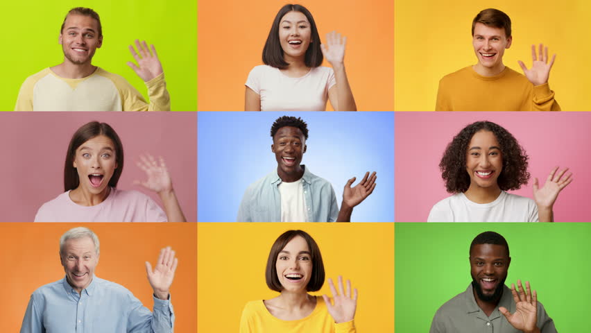 A vibrant collection of individuals from diverse backgrounds waving and smiling joyfully. The multiracial group showcases positive emotions against bright, cheerful backgrounds.