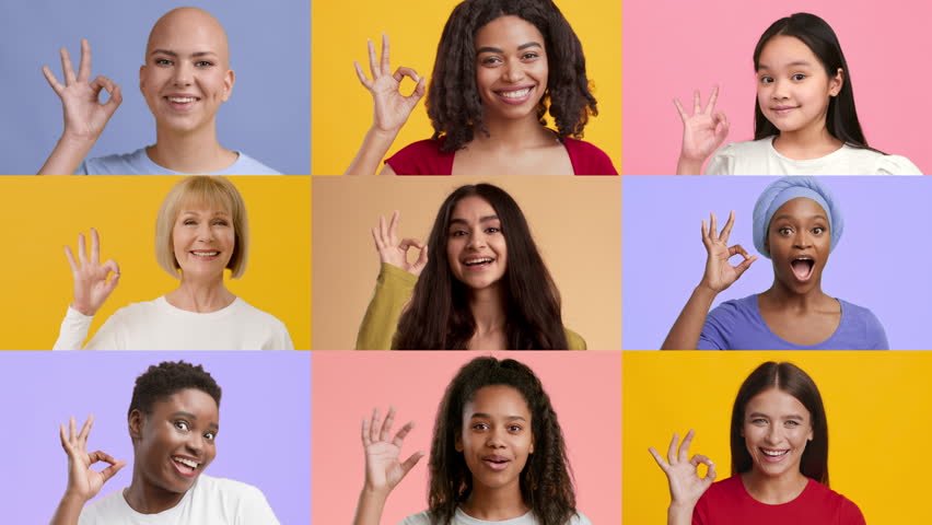 A collage of women from various backgrounds, each smiling and making an okay gesture. The colorful backdrop highlights their diverse lifestyles and positive vibes.
