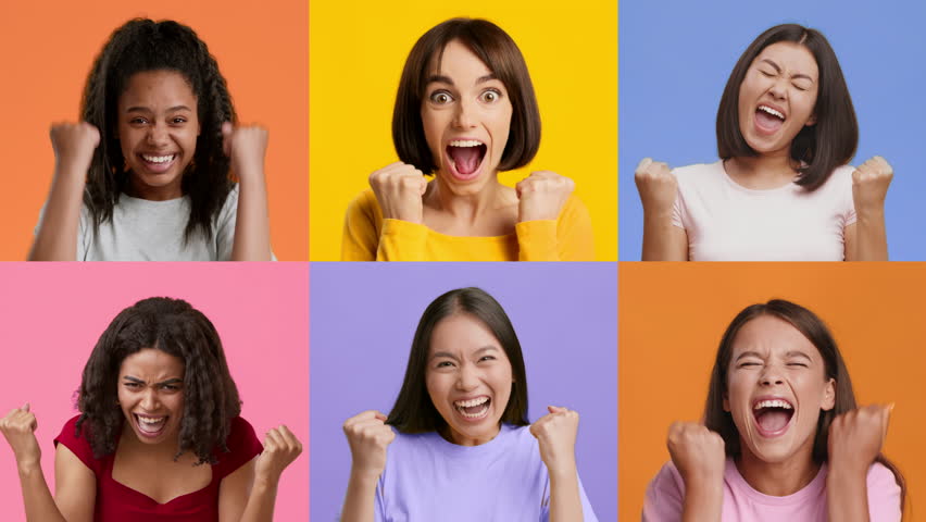 Collage of six women express their happiness and excitement with cheerful gestures, celebrating their wins against vibrant pastel backgrounds. Their joyful energy shines through in this collection.