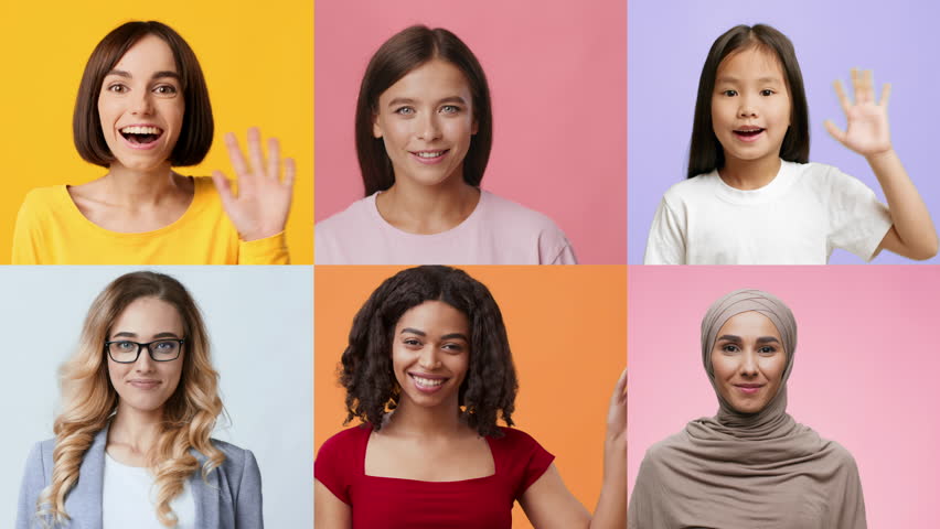 A collection of diverse individuals smiling and waving. They represent various backgrounds and ages, conveying a joyful greeting.