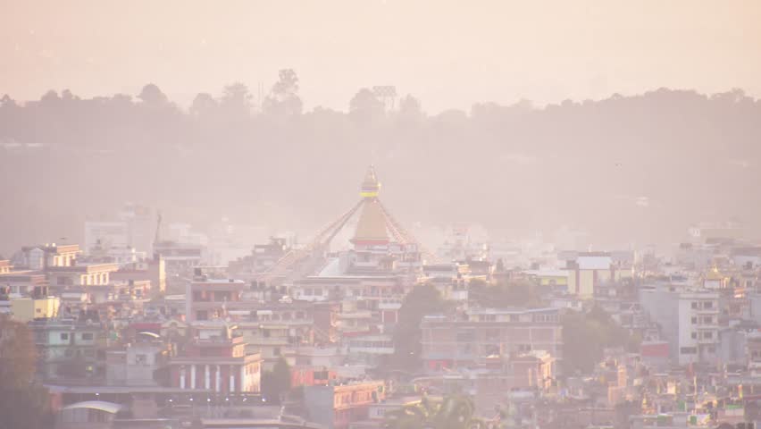 Aerial dynamic zoom 4k timelapse boudhanath stupa in nepal capital city kathmandu with traditional architecture buildings. Boudha Stupa - UNESCO